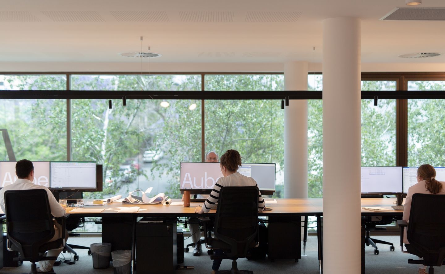 Staff working on computers in an open-office environment.